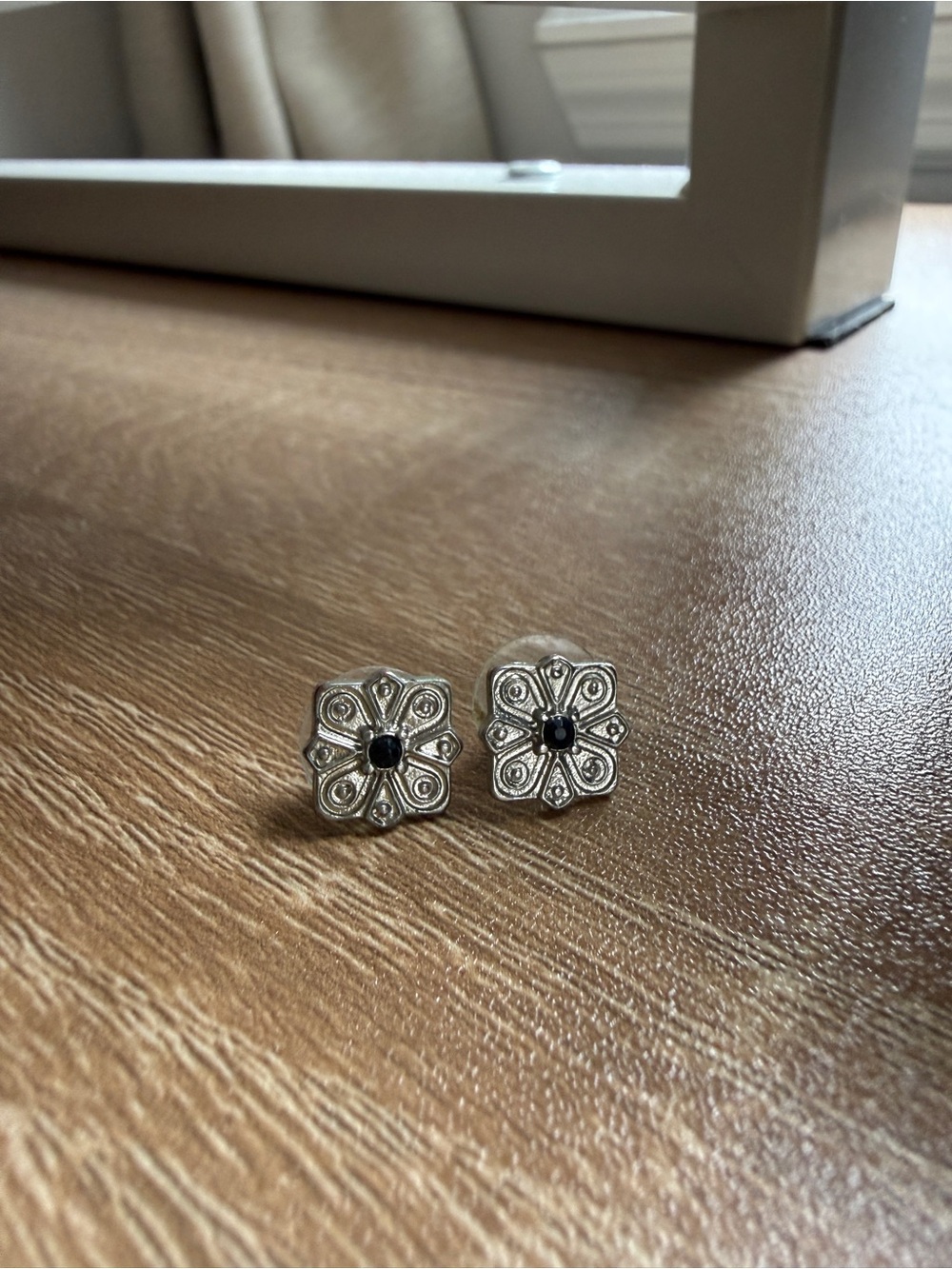 Silver and Black Floral Stud Earrings